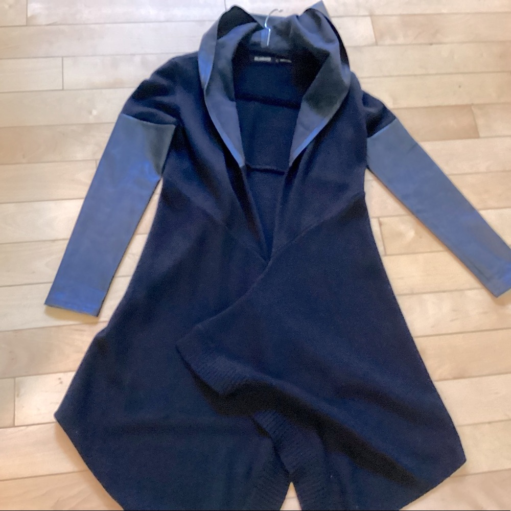BlankNYC black sweater coat, leather hood & sleeves,size S, excellent condition